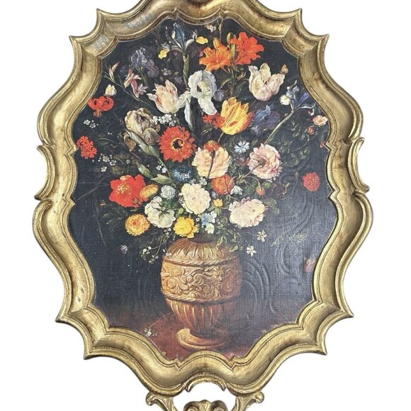 70s Vintage Italian Ornate Still Life Floral Gold Gilt Hard Plastic Serving Tray - Picture 1 of 10